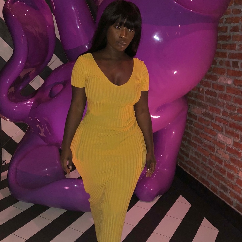 Yellow Ribbed Midi Sweater dress